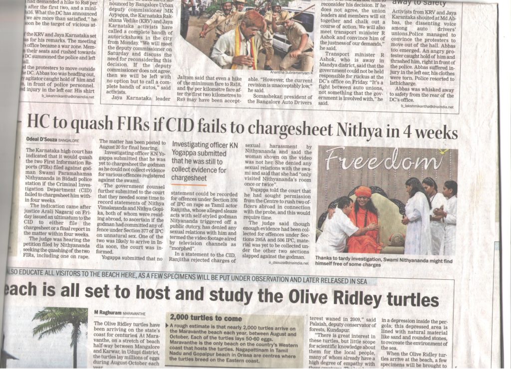 24Jul2010_DNA_Pg 2_HC to quash FIRs if CID fails to chargesheet Nithya in 4 weeks