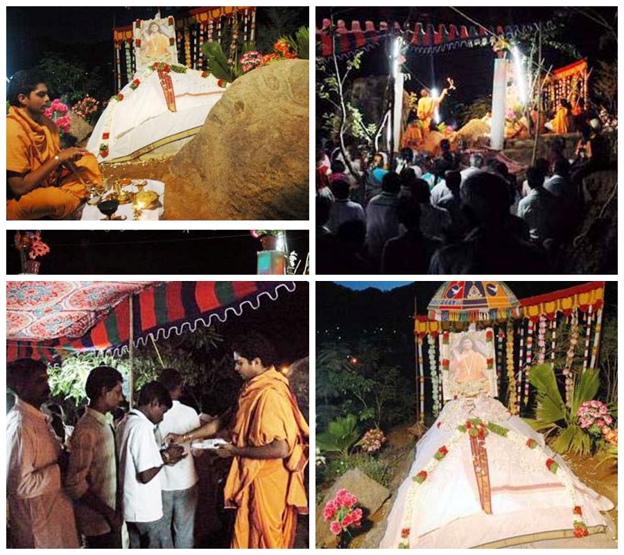 2007 – Bramacharis and Devotees offer puja to The Sadashiva Shila – the enlightenment rock –                                          worshiped as a living deity  at PavazhaKundru on the enlightenment experience anniversary Day. An Annual ritual.