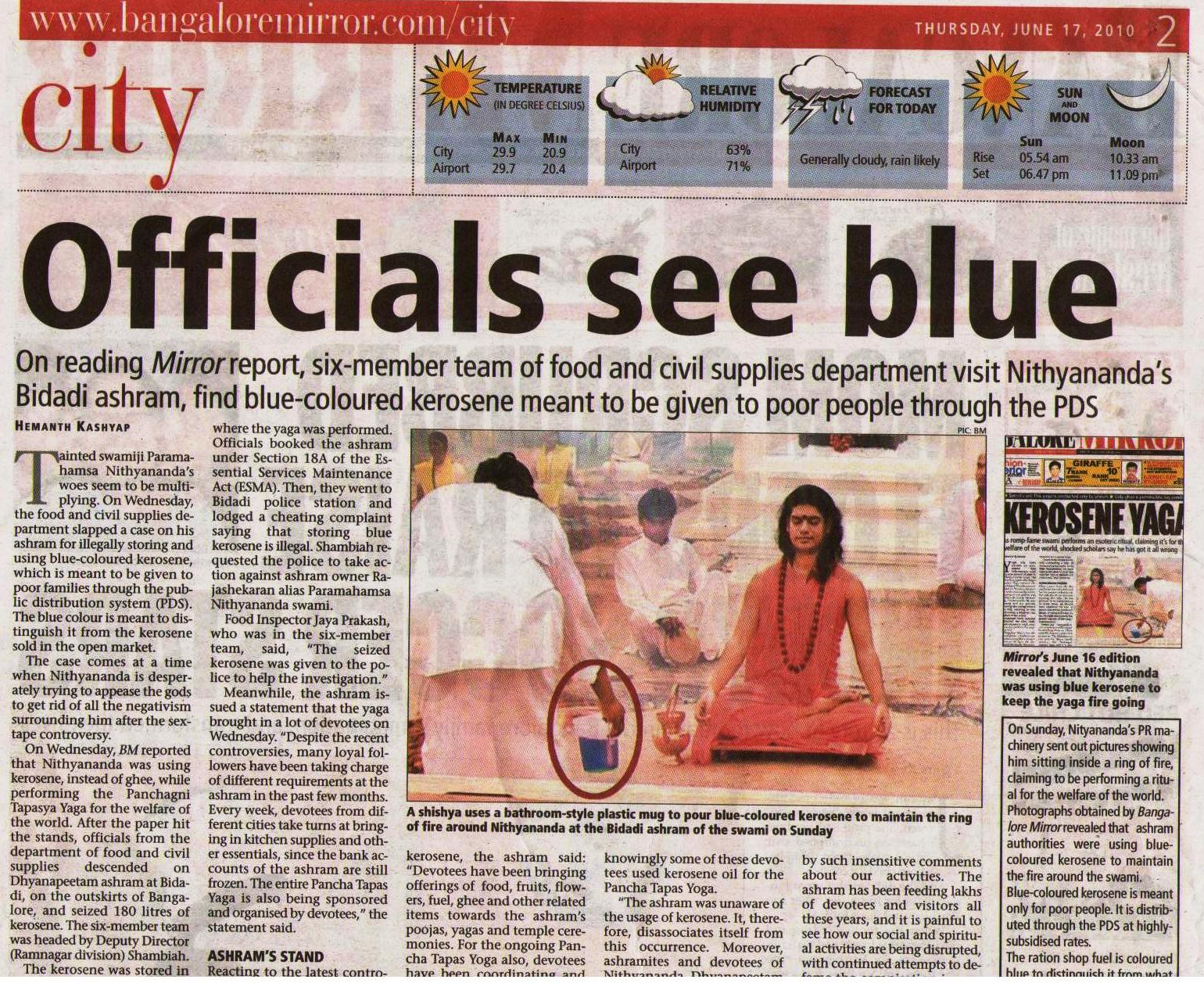 Bangalore Mirror_Jun 17 2010_Pg 2_Officials see Blue_Bangalore