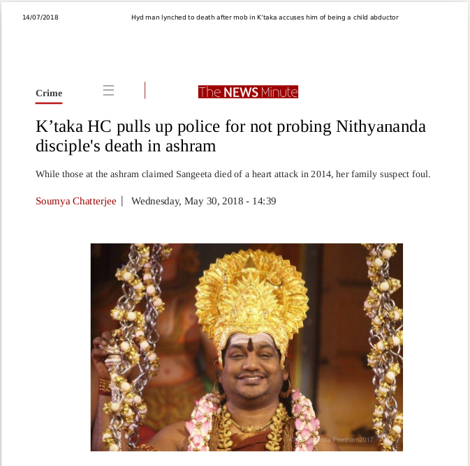 30 May 2018_K'taka HC pulls up police for not probing Nithyananda disciple's death in ashram