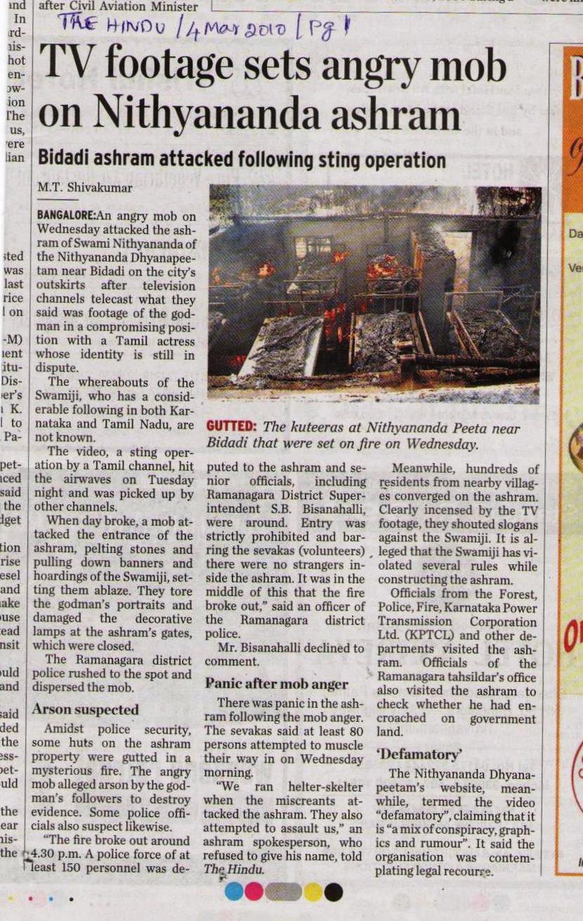 Copy of The Hindu_04 Mar 2010_Pg 1_TV footage sets angry mob on Nithyananda ashram_Bangalore (1)