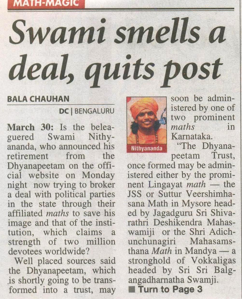 Deccan Chronicle_Mar 31 2010_Pg 1_Swami smells a deal quits post_Bangalore