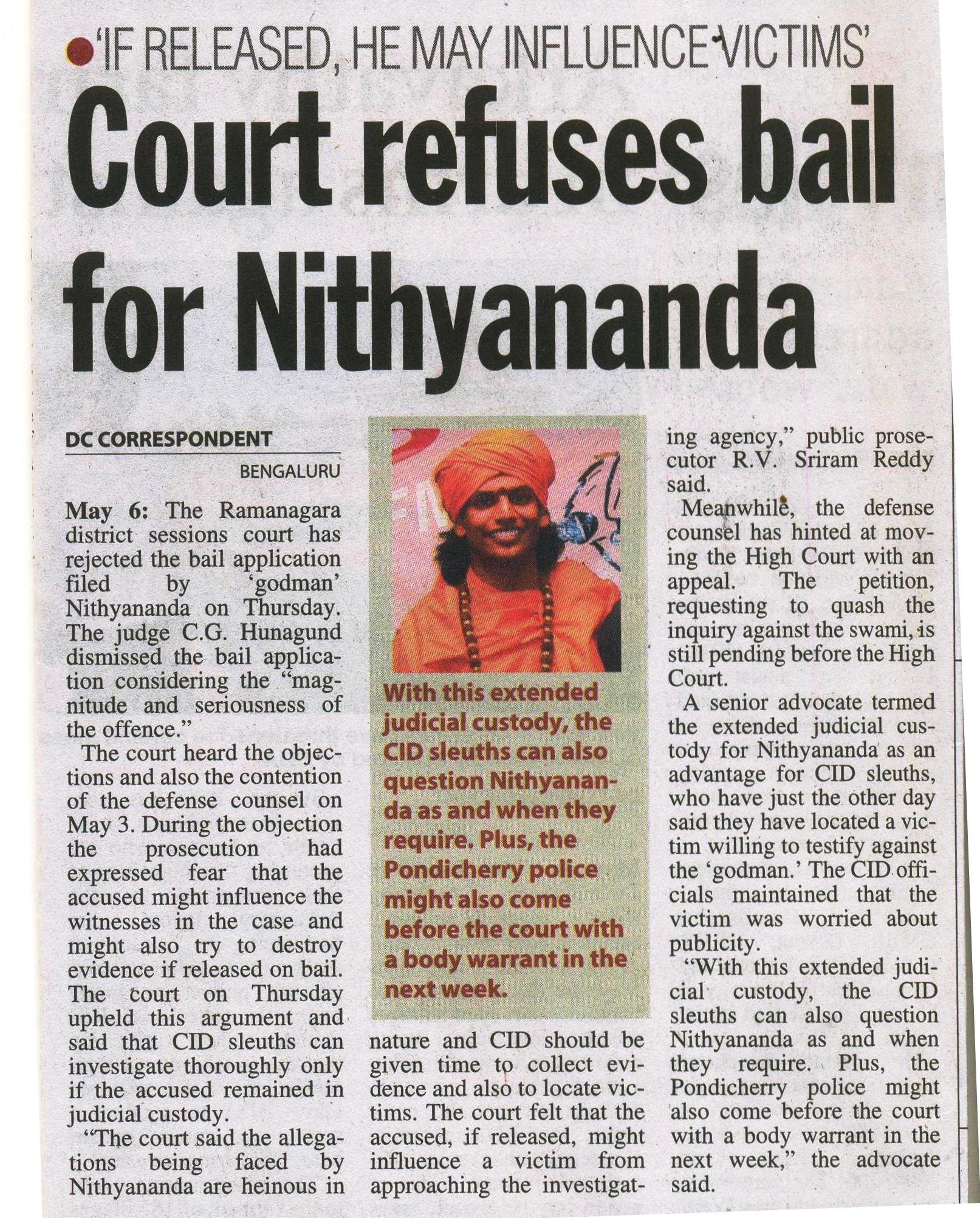 Deccan Chronicle_May 7 2010_Pg 3_Court refuses bail for Nithyananda_Bangalore