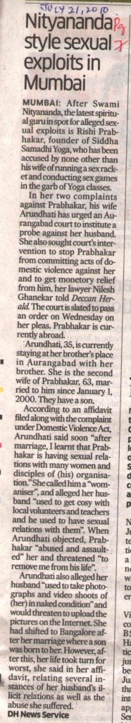 Deccan Herald_Jul 21 2010_Pg 7_Nityananda style sexual exploits in Mumbai_Bangalore