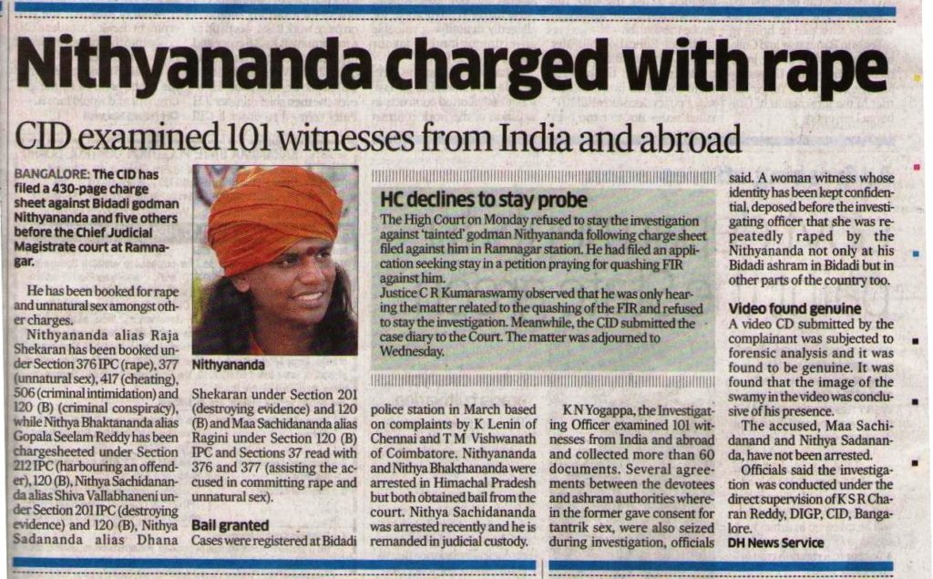 Deccan Herald_Nov 30 2010_Pg 6_Nithyananda Charged with rape_Bangalore