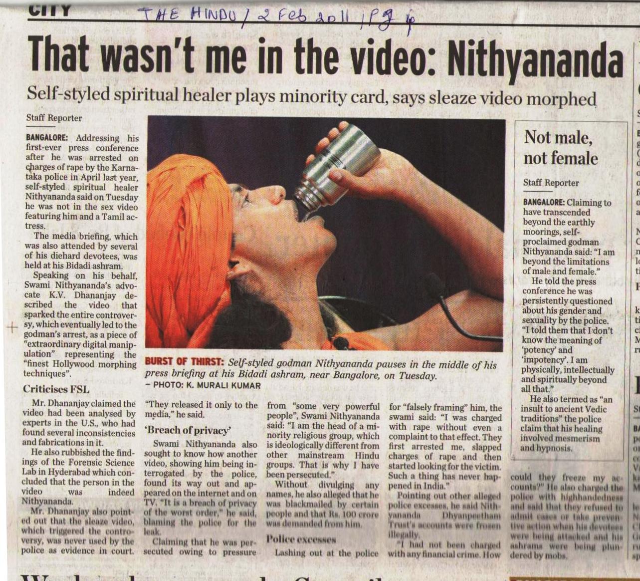 The Hindu_2 Feb 2011_Pg 4_That wasnt me in the video Nithyananda_Bangalore